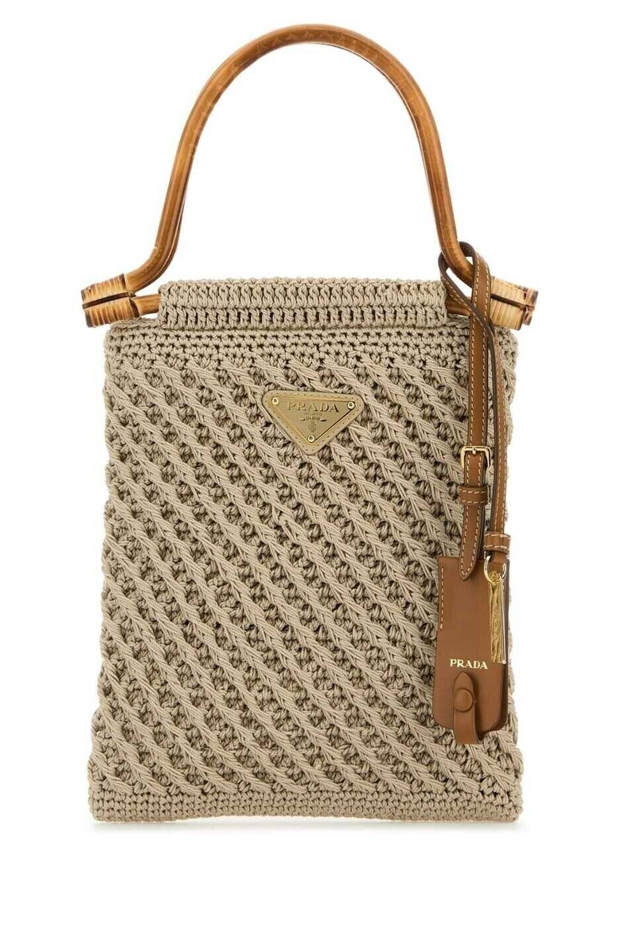Prada Raffia Crochet Bucket Shoulder Bag Tan